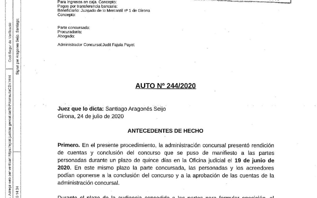 AUTO de BENEFICI D’EXONERACIÓ DEL PASSIU INSATISFET (BEPI) perdonant un deute total de 540.595,84€!!
