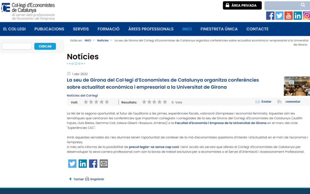 La llei de la segona oportunitat,una de les temàtiques que impartiran col·legiats i col·legiades de la seu de Girona del Col·legi d’Economistes de Catalunya